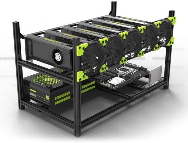 RXFSP Professional 6 GPU Miner Mining Case Aluminum Frame Mining Rig Black with 5 Fans