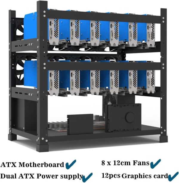 Mining Rig Frame for 12GPU, Steel Open Air Miner Mining Frame Rig Case, Support to Dual Power Supply for Crypto Coin Currency Bitcoin ETH ETC ZEC Mining Tools - Frame Only, Fans & GPU is not Included - Image 3