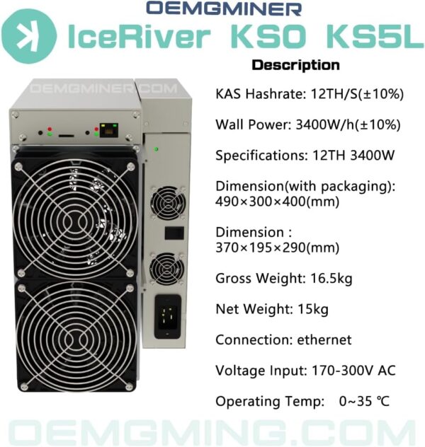 IceRiver KS5L Miner, 12T 3400W Kas Miner Machine, Kaspa Mining Crypto Miner ASIC Miner, Include PSU (IceRiver KS5L 12T) - Image 6