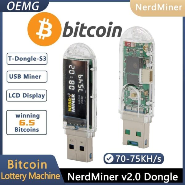 NerdMiner V2 Dongle USB 70-75KH 1W T-Display S3 Bitcoin Solo Lottery Miner with Low Power Win 6.25 BTC Consumption - WiFi Connection, and USB-A Power (USB-73KH/s) - Image 3